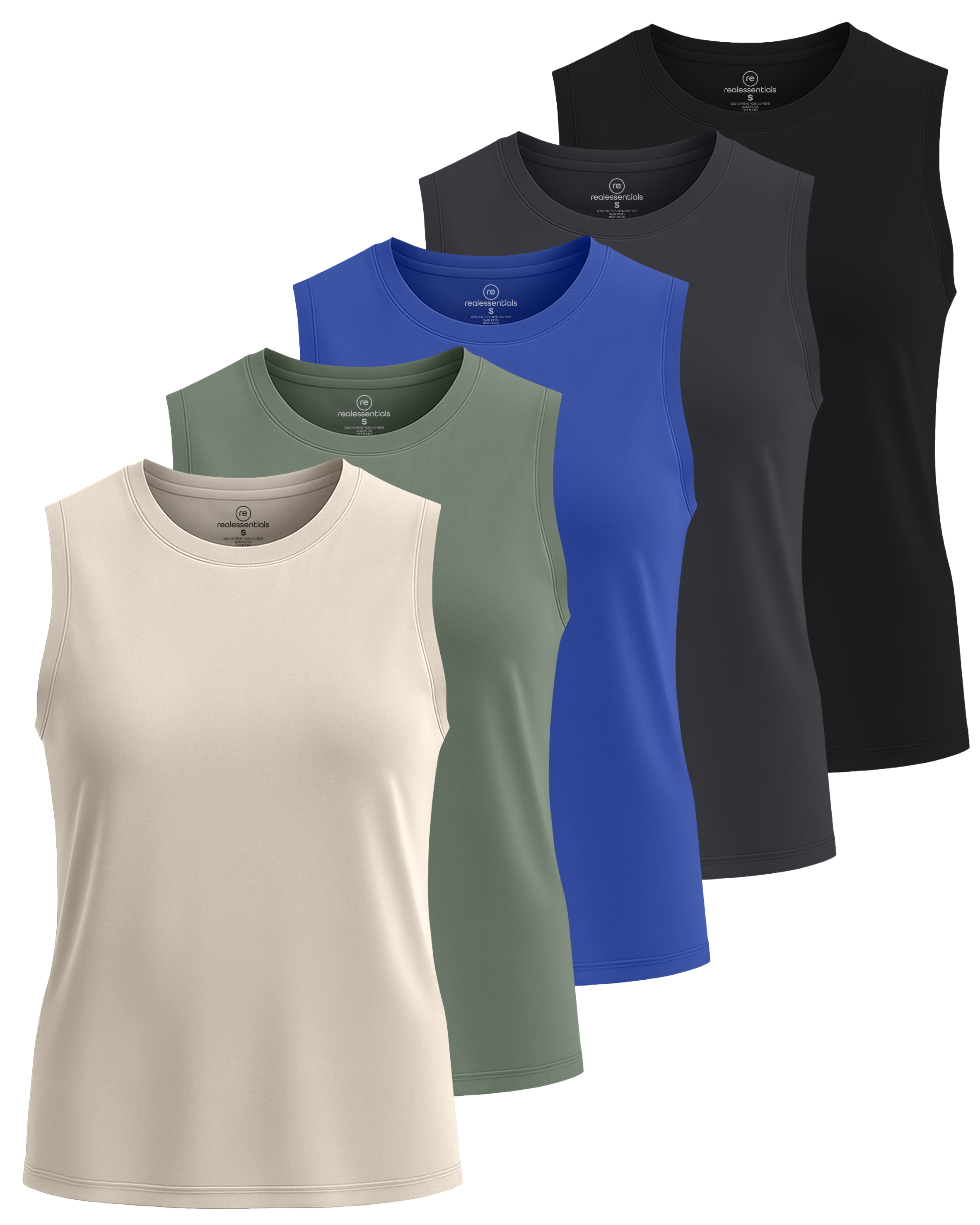 Real Essentials 5 Pack: Women's Dry-Fit Tank Top - Racerback Sleeveless T-Shirt Athletic Workout Gym Shirt (Plus Available)