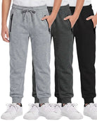 Real Essentials 3 Pack Boys Fleece Joggers Sweatpants Zipper Pockets Athletic Pants Teen - Solid Black, Charcoal Heather, Grey Heather