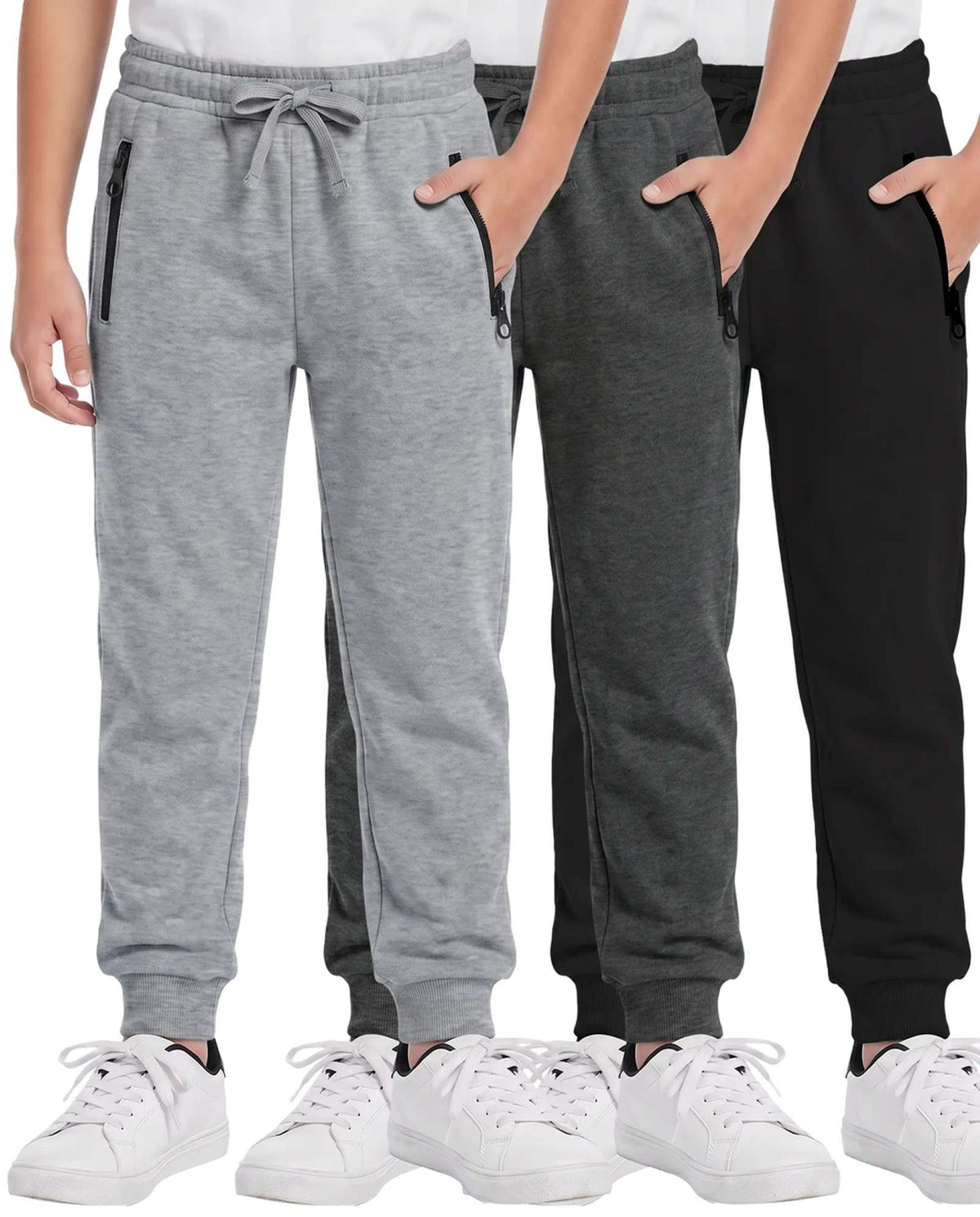 Real Essentials 3 Pack Boys Fleece Joggers Sweatpants Zipper Pockets Athletic Pants Teen - Solid Black, Charcoal Heather, Grey Heather