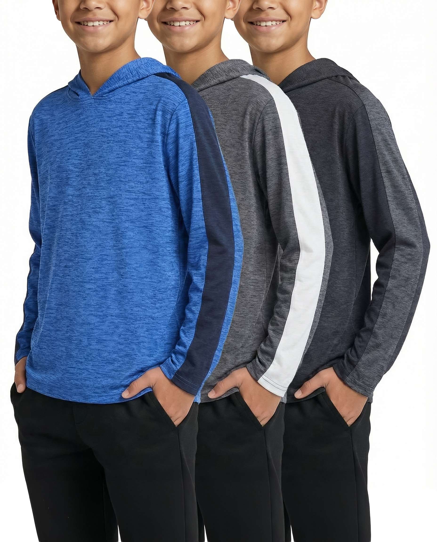 3 Pack: Boys Dry Fit Long Sleeve Active Pullover Hoodie Sweatshirt