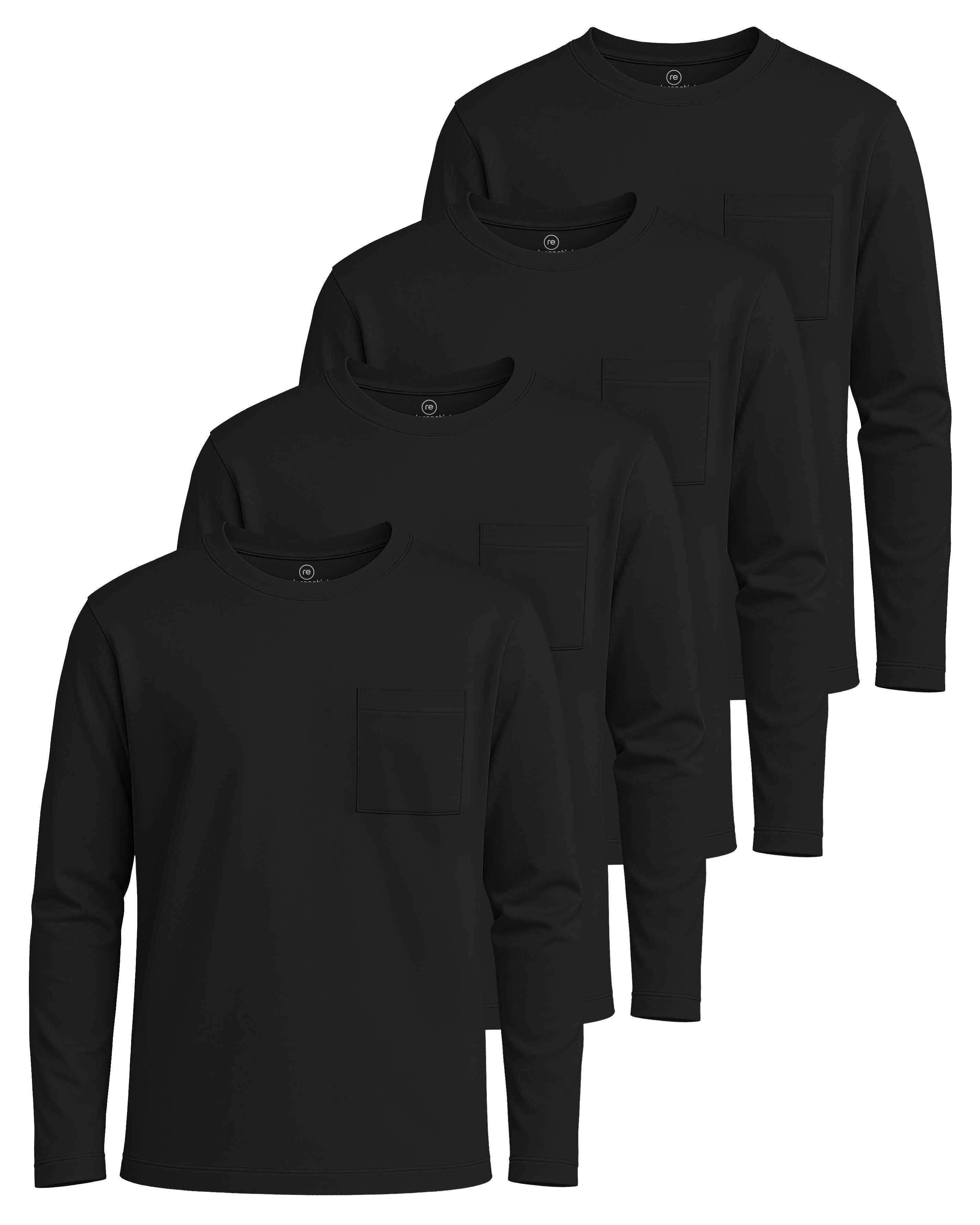 Real Essentials 4 Pack: Boys' Cotton Jersey Long Sleeve T-Shirt with Pocket - Kids Teens Youth Crew Neck Tee Top (Ages 4-16)