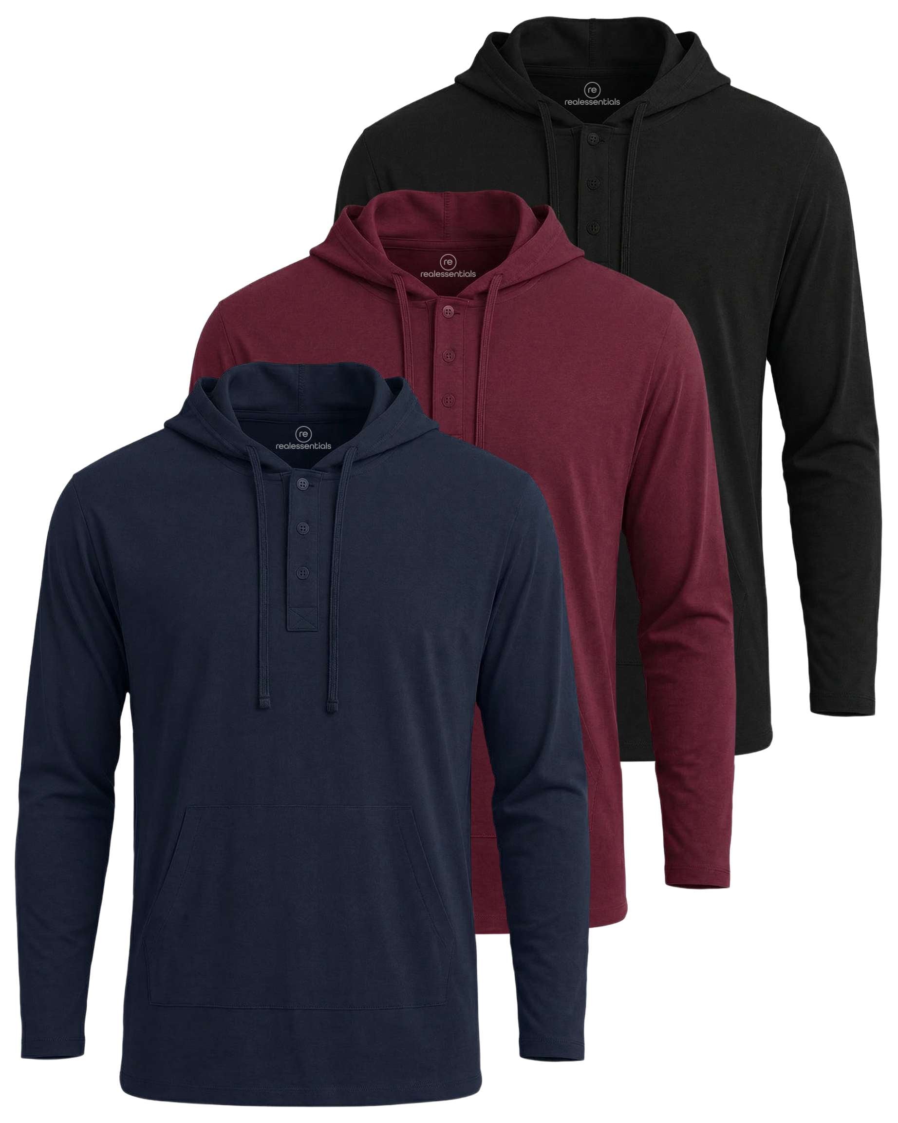 Real Essentials 3 Pack: Men's Cotton Henley Pullover Hoodie Lightweight Casual Long Sleeve Hooded Sweatshirt (Big & Tall)