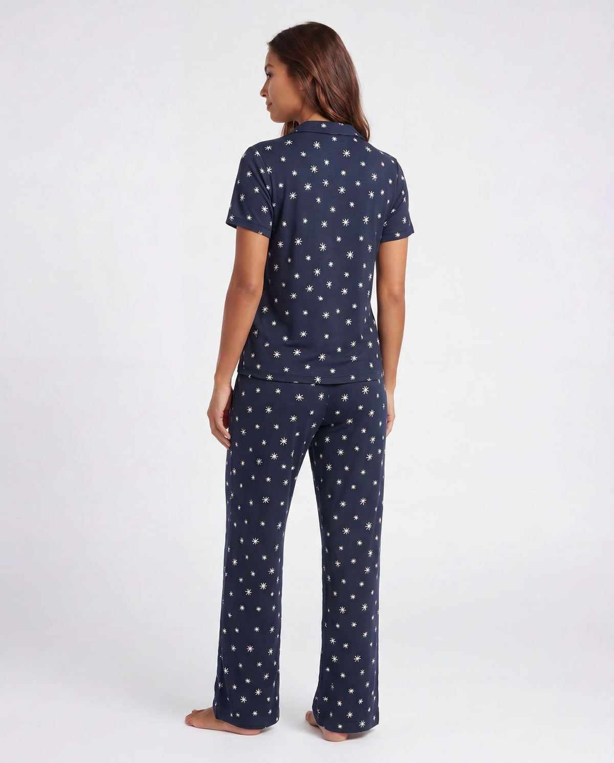 Real Essentials 2 Pack Women's Pajama Sets Lounge Set 2 Piece Button Up PJ Sleepwear Ladies - Navy Blazer Stars, Moonbeam Check