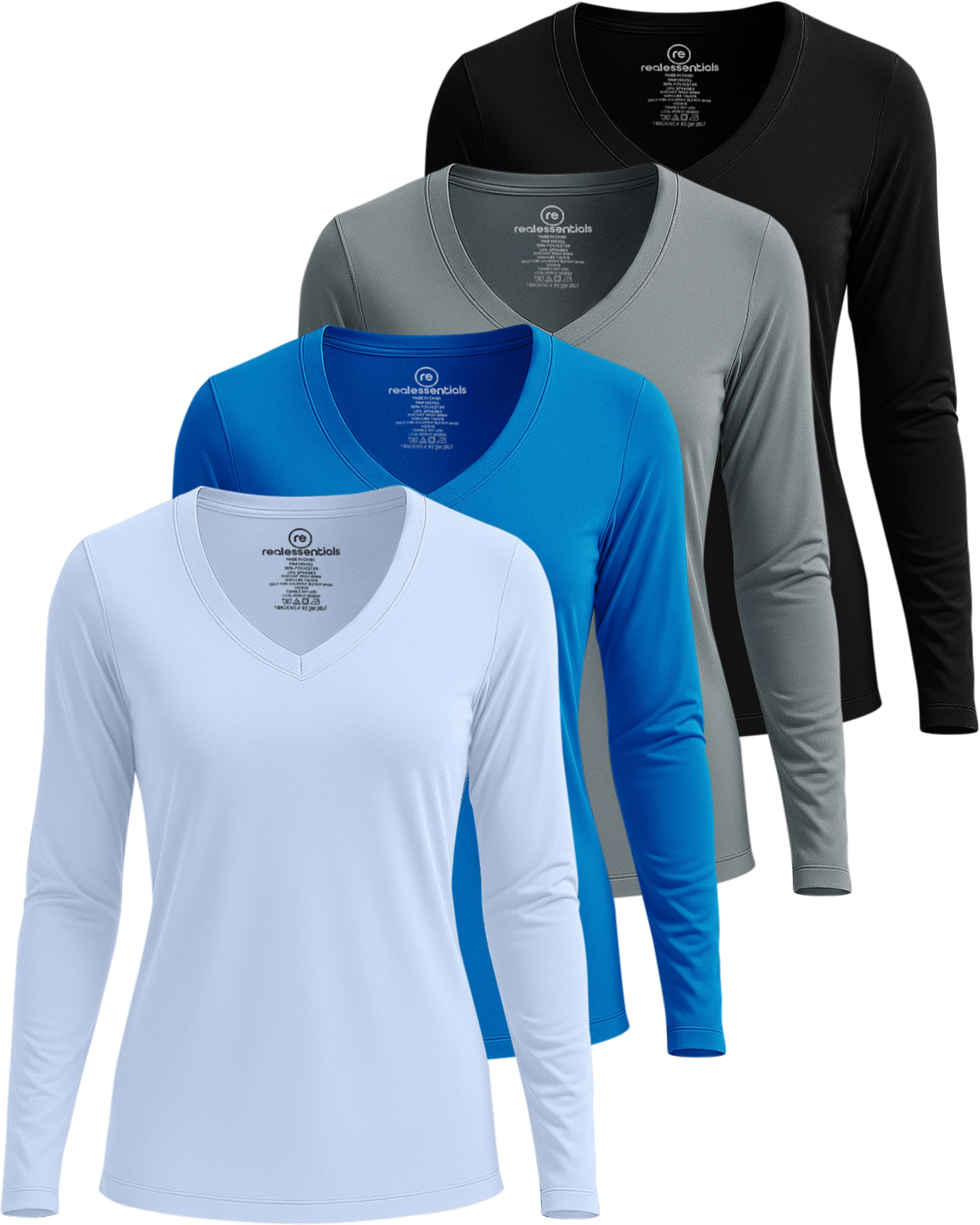 4 Pack: Women's Dry-Fit Long-Sleeve V-Neck Athletic Workout Shirt (Available in Plus Size)
