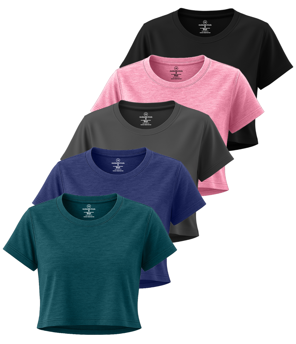 Real Essentials 5 Pack Women's Dry Fit Crop Top Workout T Shirts Short Sleeve Athletic Gym - Set 4