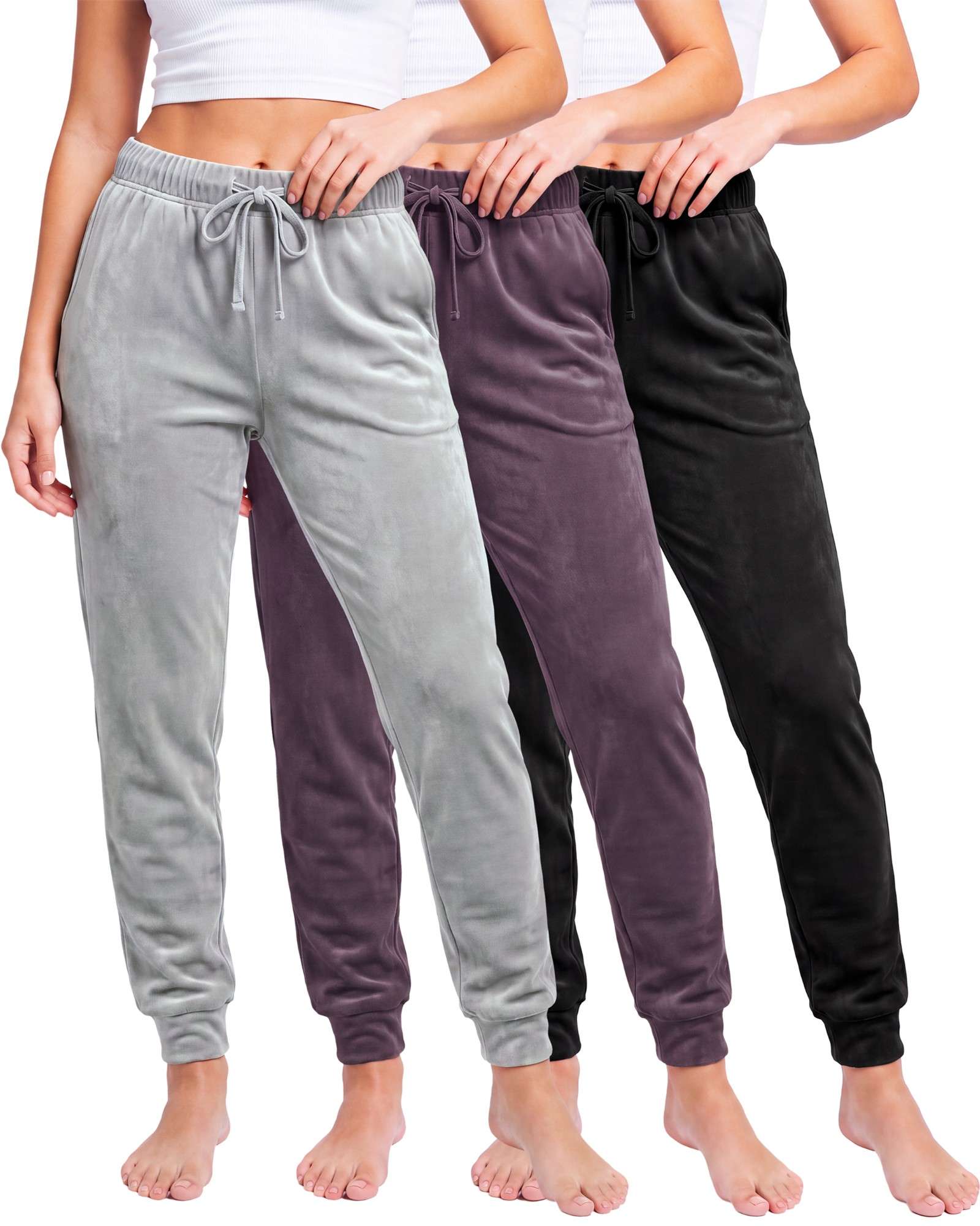 Real Essentials 3 Pack Women Velour Velvet Joggers Sweatpants Pants Cozy Lounge Pull On - Solid Black, Solid Plum Perfect, Solid Ultimate Grey