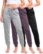 Real Essentials 3 Pack Women Velour Velvet Joggers Sweatpants Pants Cozy Lounge Pull On - Solid Black, Solid Plum Perfect, Solid Ultimate Grey
