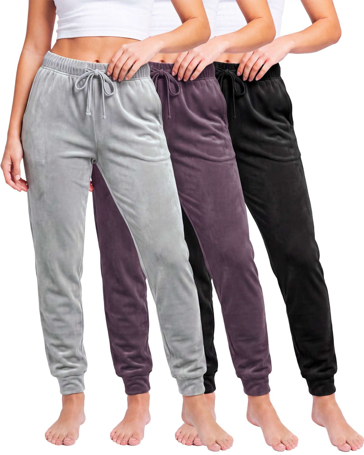 Real Essentials 3 Pack Women Velour Velvet Joggers Sweatpants Pants Cozy Lounge Pull On - Solid Black, Solid Plum Perfect, Solid Ultimate Grey