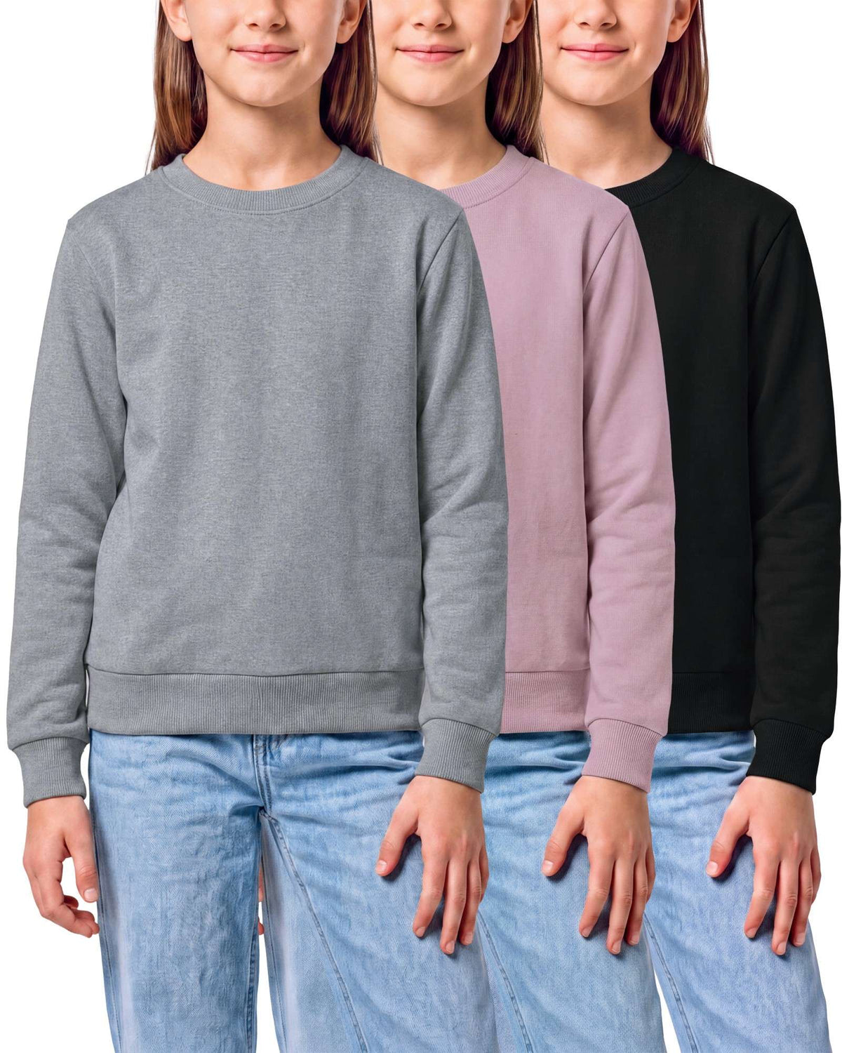 Real Essential 3 Pack Girls' Fleece Crewneck Sweatshirts Sweaters Kids Teens Pullover Tops - Solid Black, Solid Fragrant Lilac, Grey Heather