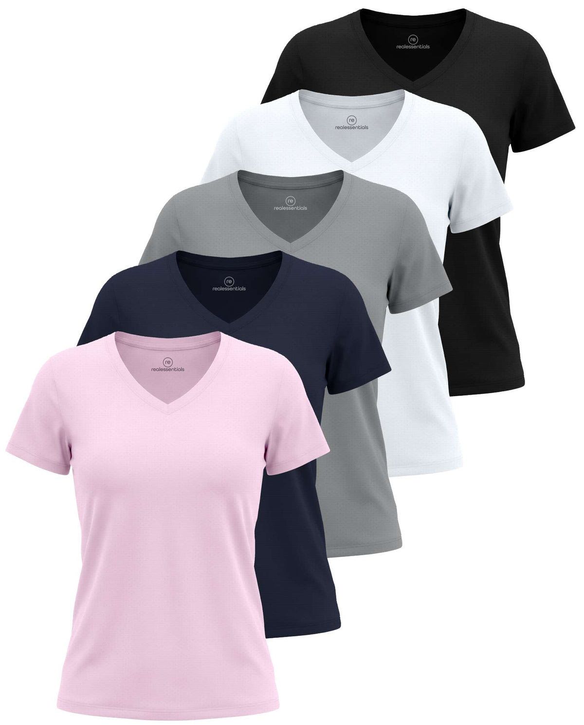 Real Essentials 5 Pack Women's V Neck Tshirts Short Sleeve Dry Fit Workout Tops Tees Shirts - Solid Black, Solid Bright White, Solid Ultimate Grey, Navy Blazer, Solid Festival Bloom