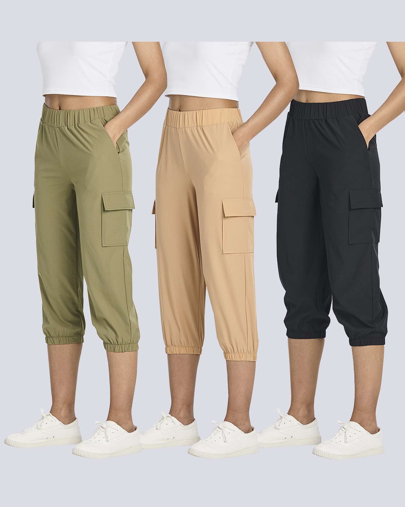 3 Pack: Women's Woven Cargo Capri Jogger Pants