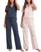 Real Essentials 2 Pack Women's Pajama Sets Lounge Set 2 Piece Button Up PJ Sleepwear Ladies - Navy Blazer Flowers, Pearl Flowers