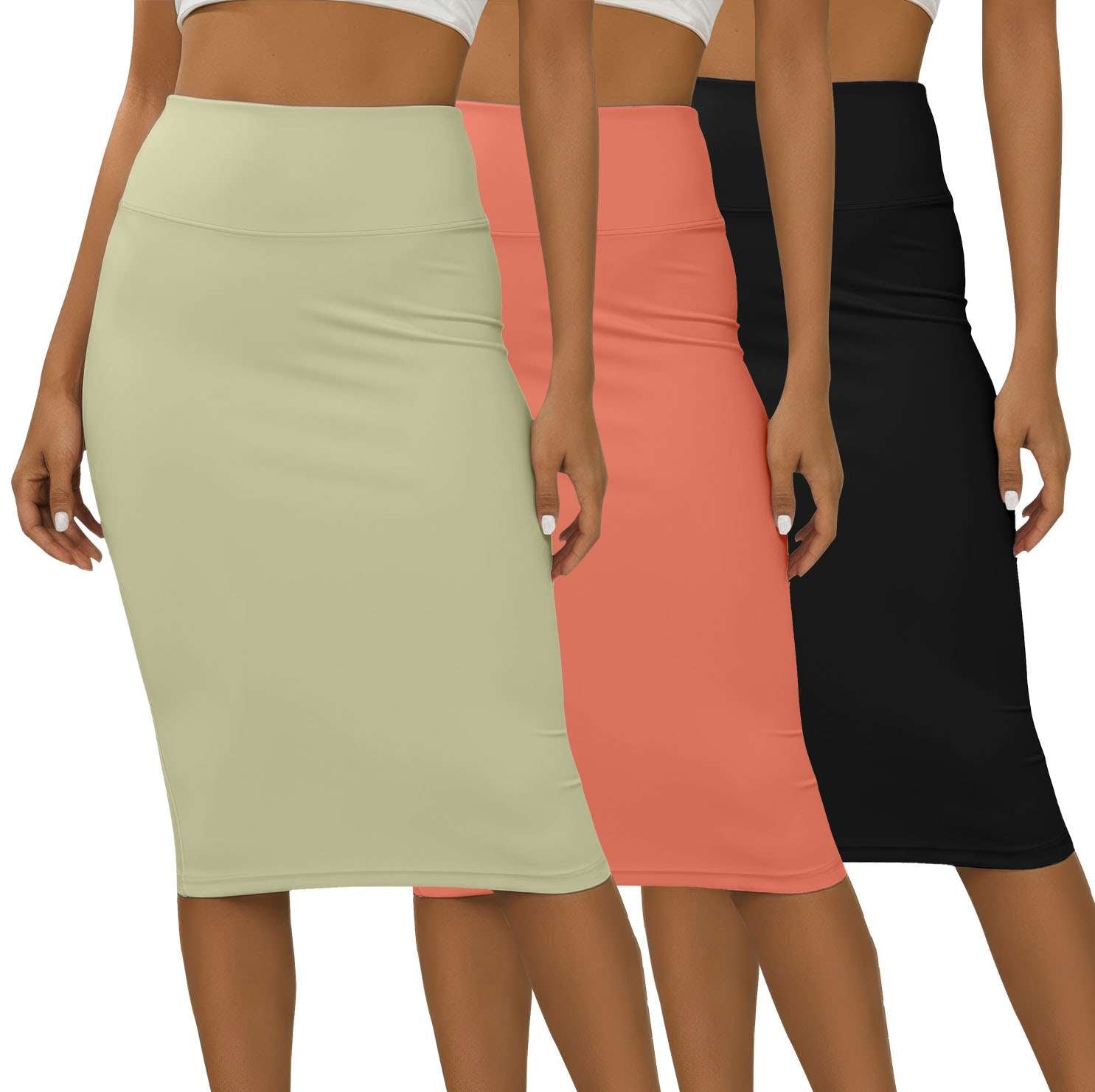 Real Essentials 3 Pack: Womens Soft Midi Skirt – High Waisted Pencil Work Office Business Casual Skirts with Back Slit Plus