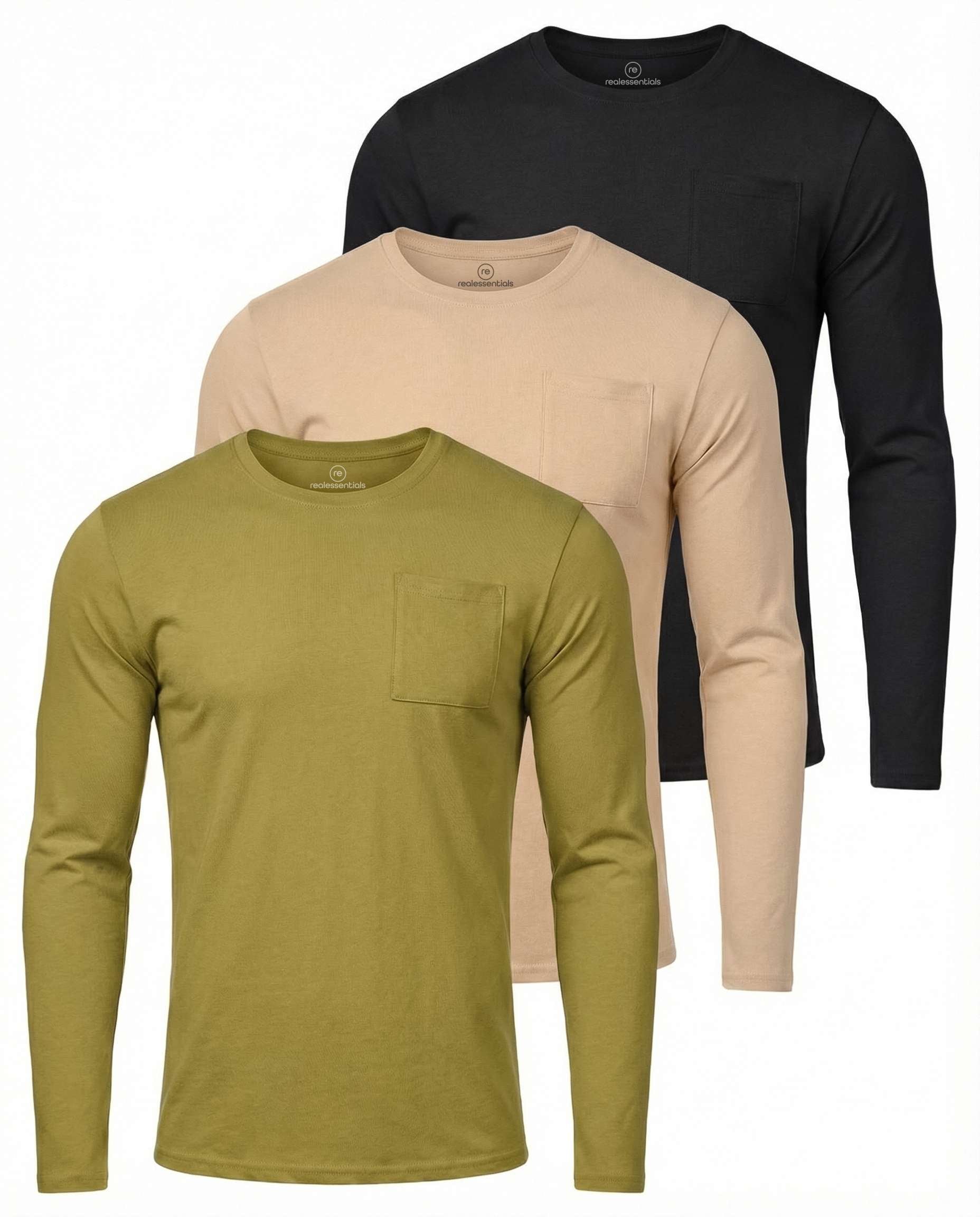 3 Pack: Mens Cotton Long Sleeve Crew Neck Pocket T-Shirt