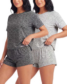Real Essentials 2 Pack Women's Pajama Sets 2 Piece Boxy Tee Sleep Shorts PJs Sleepwear Cute - Grey Heather, Charcoal Heather