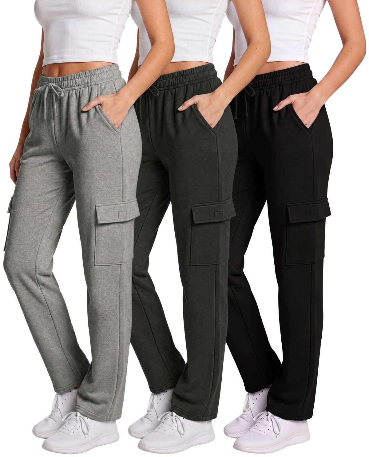 Real Essentials 3 Pack Women's Fleece Cargo Sweatpants Lounge Casual Sweat Pants Pockets - Solid Black, Charcoal Heather, Grey Heather