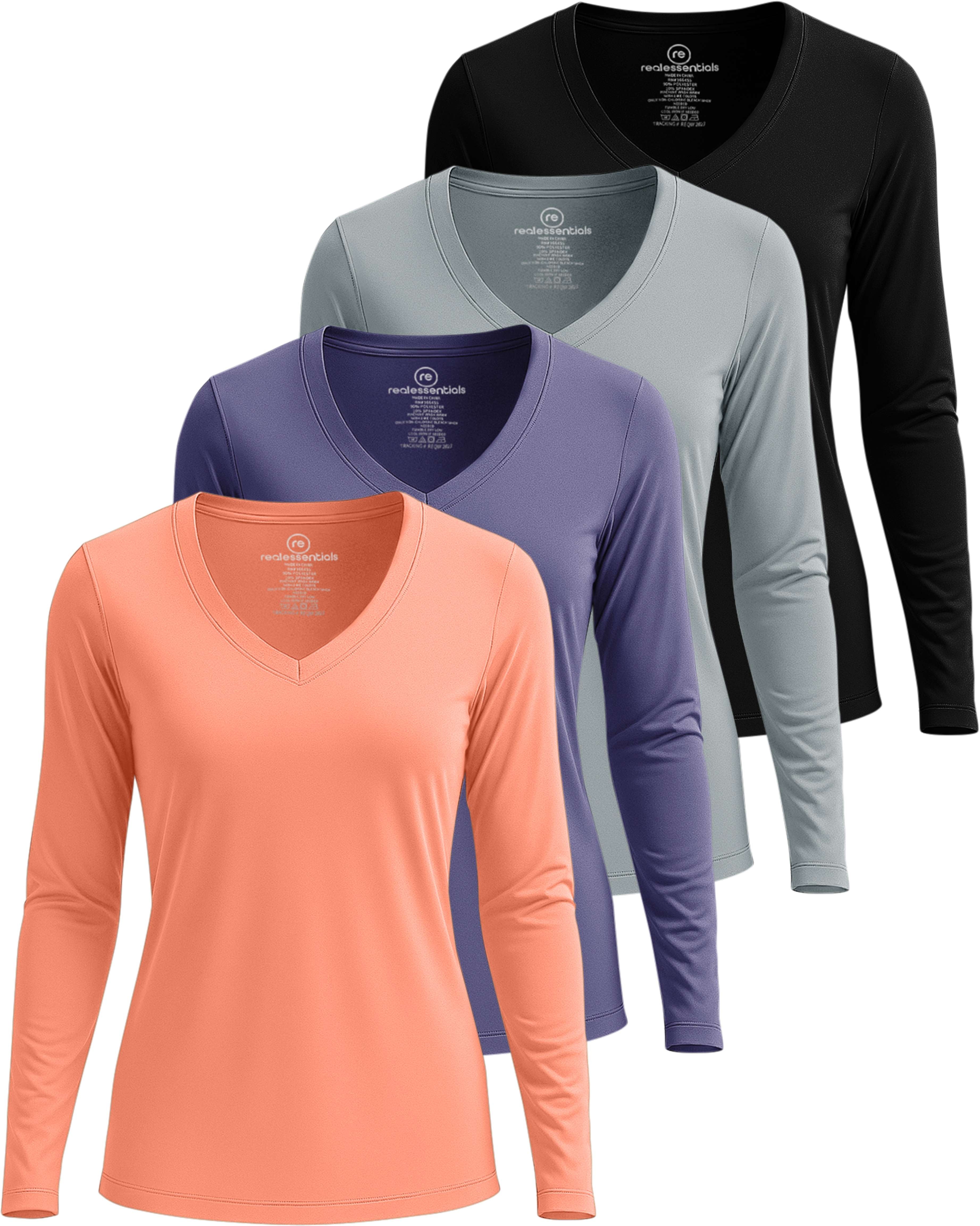 4 Pack: Women's Dry-Fit Long-Sleeve V-Neck Athletic Workout Shirt (Available in Plus Size)