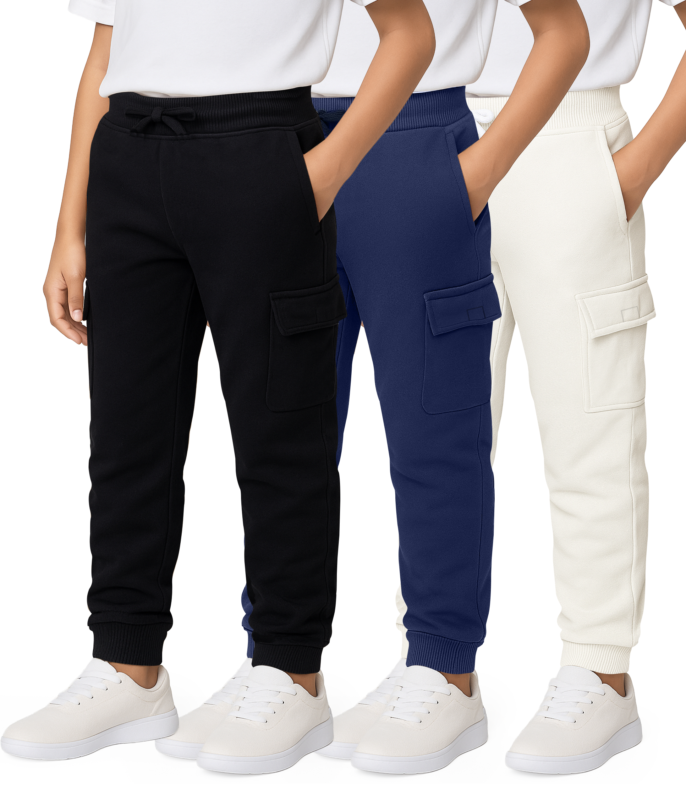 Real Essentials 3 Pack Boys' Cotton Cargo Fleece Joggers Sweatpants Pockets Athletic Kids - Set 8