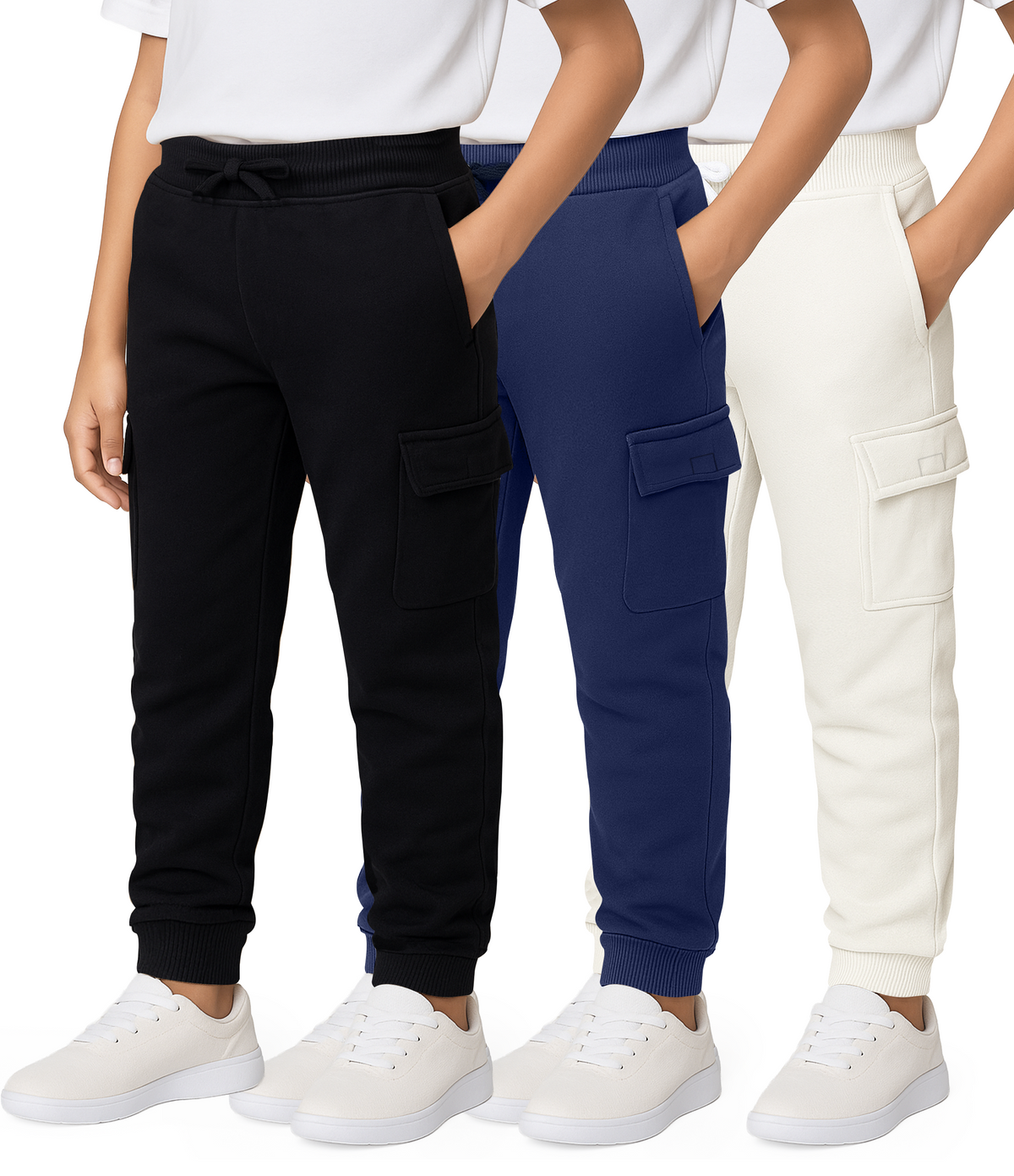 Real Essentials 3 Pack Boys' Cotton Cargo Fleece Joggers Sweatpants Pockets Athletic Kids - Set 8