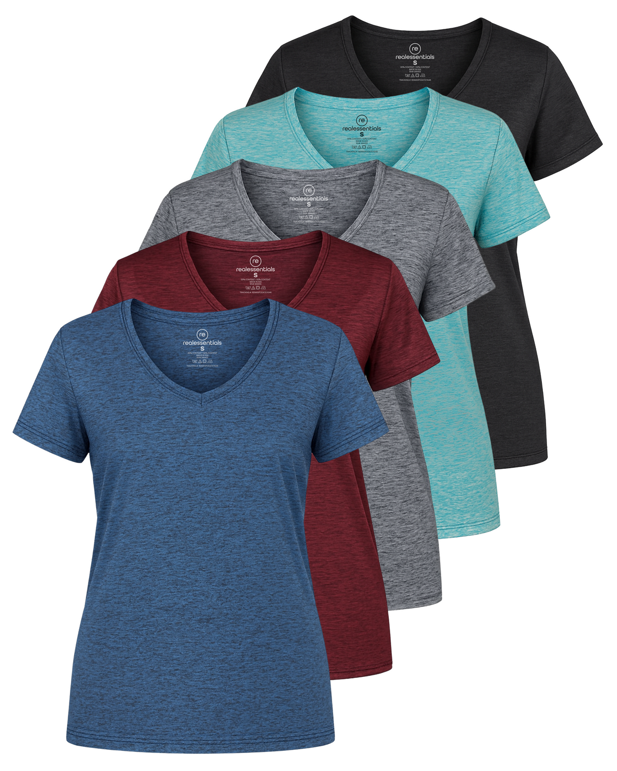 Real Essentials 5 Pack Womens Dry Fit V Neck Workout Tops Athletic T Shirts Gym Yoga Tees - Set 8