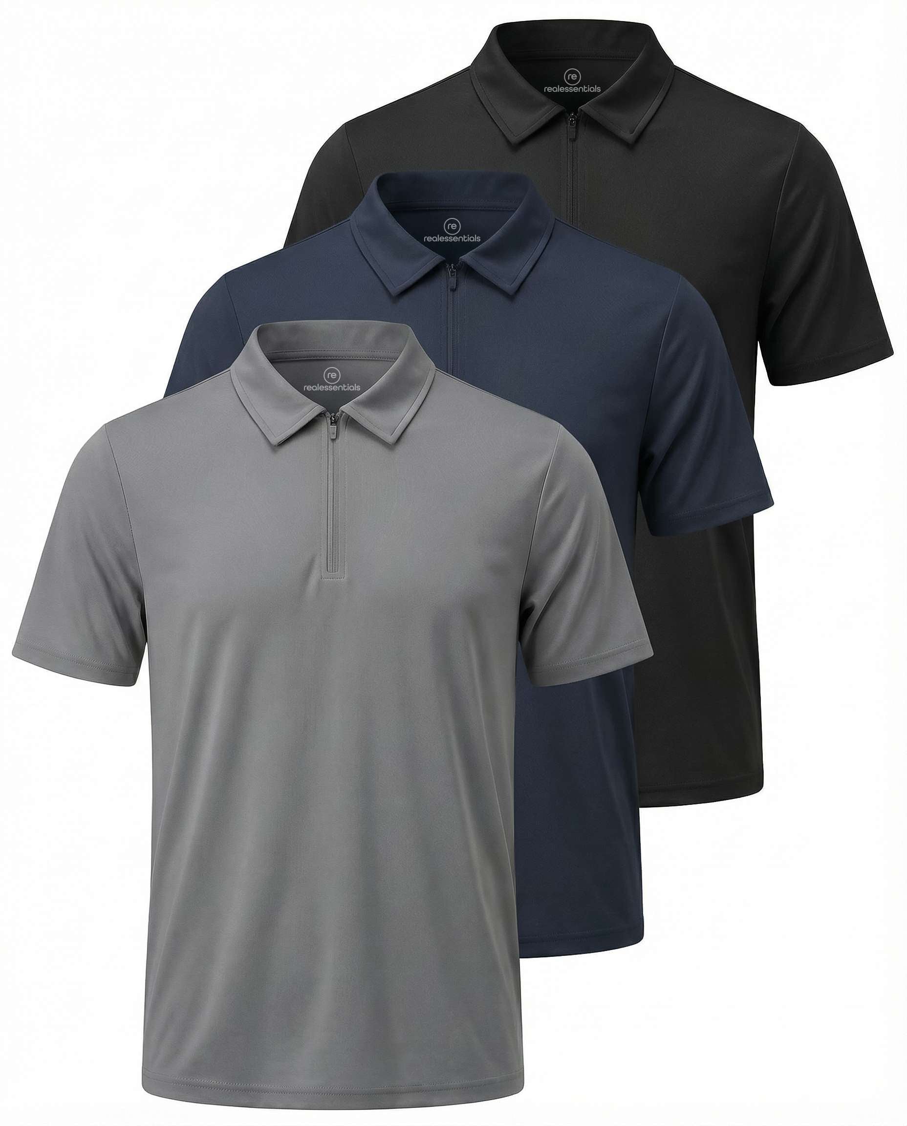 Real Essentials 3 Pack: Men's Polo Shirts Zipper Short Sleeve Dry Fit Quarter Zip Golf Athletic Workout Gym Collared