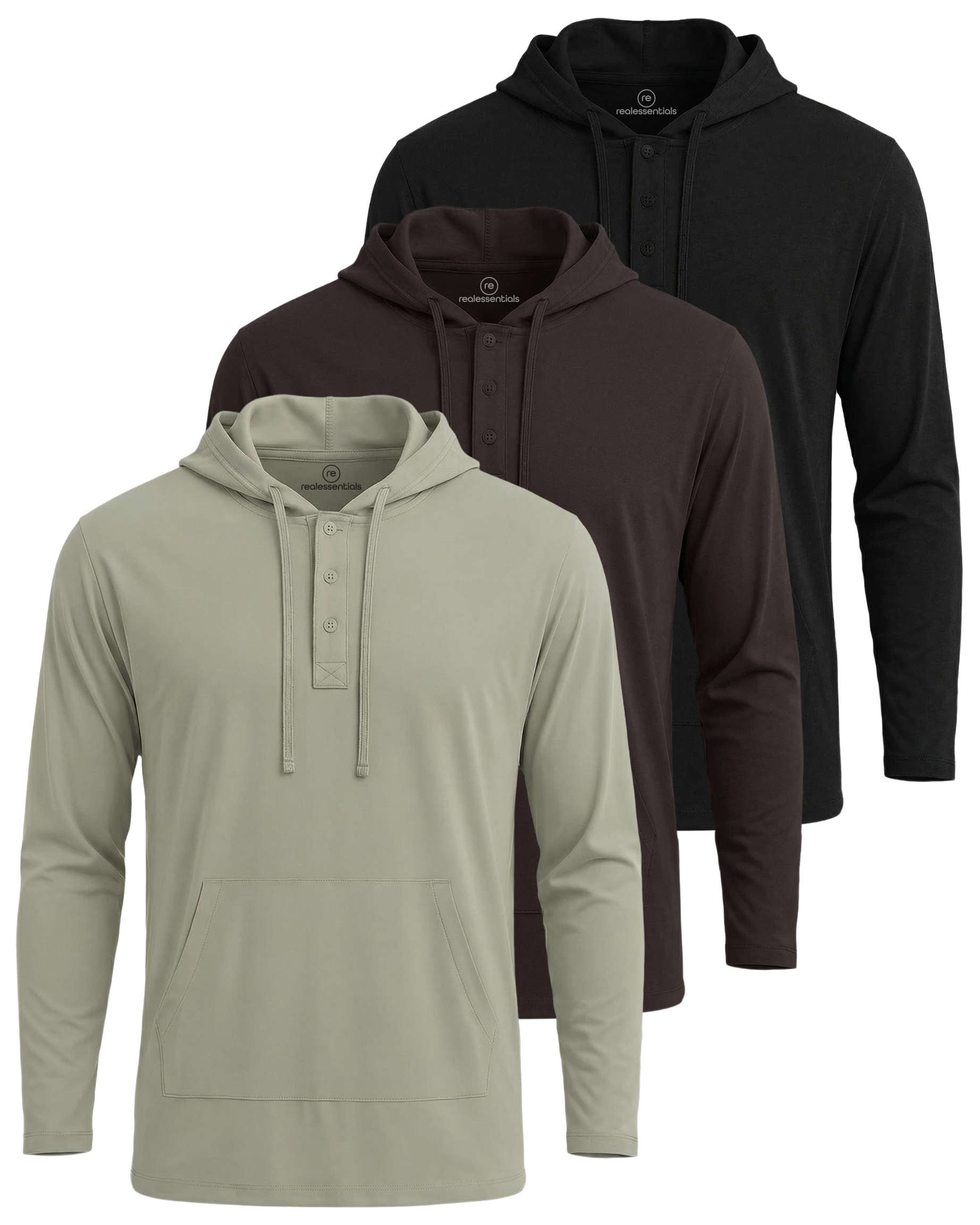 Real Essentials 3 Pack: Men's Cotton Henley Pullover Hoodie Lightweight Casual Long Sleeve Hooded Sweatshirt (Big & Tall)