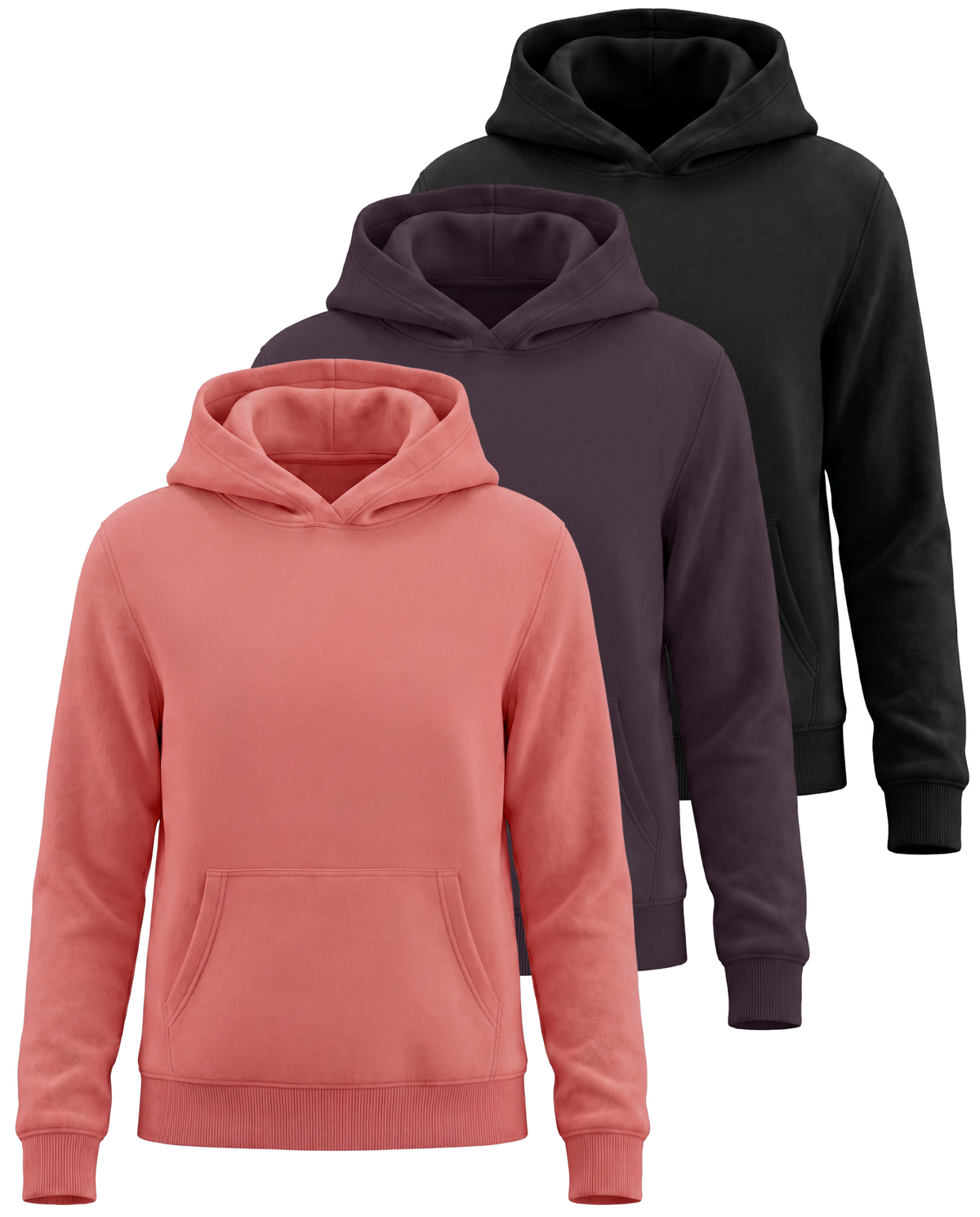 Real Essentials 3 Pack Girls' Fleece Pullover Hoodies Sweatshirts Sweaters Kids Teens Tops - Solid Black, Solid Plum Perfect, Solid Lantana