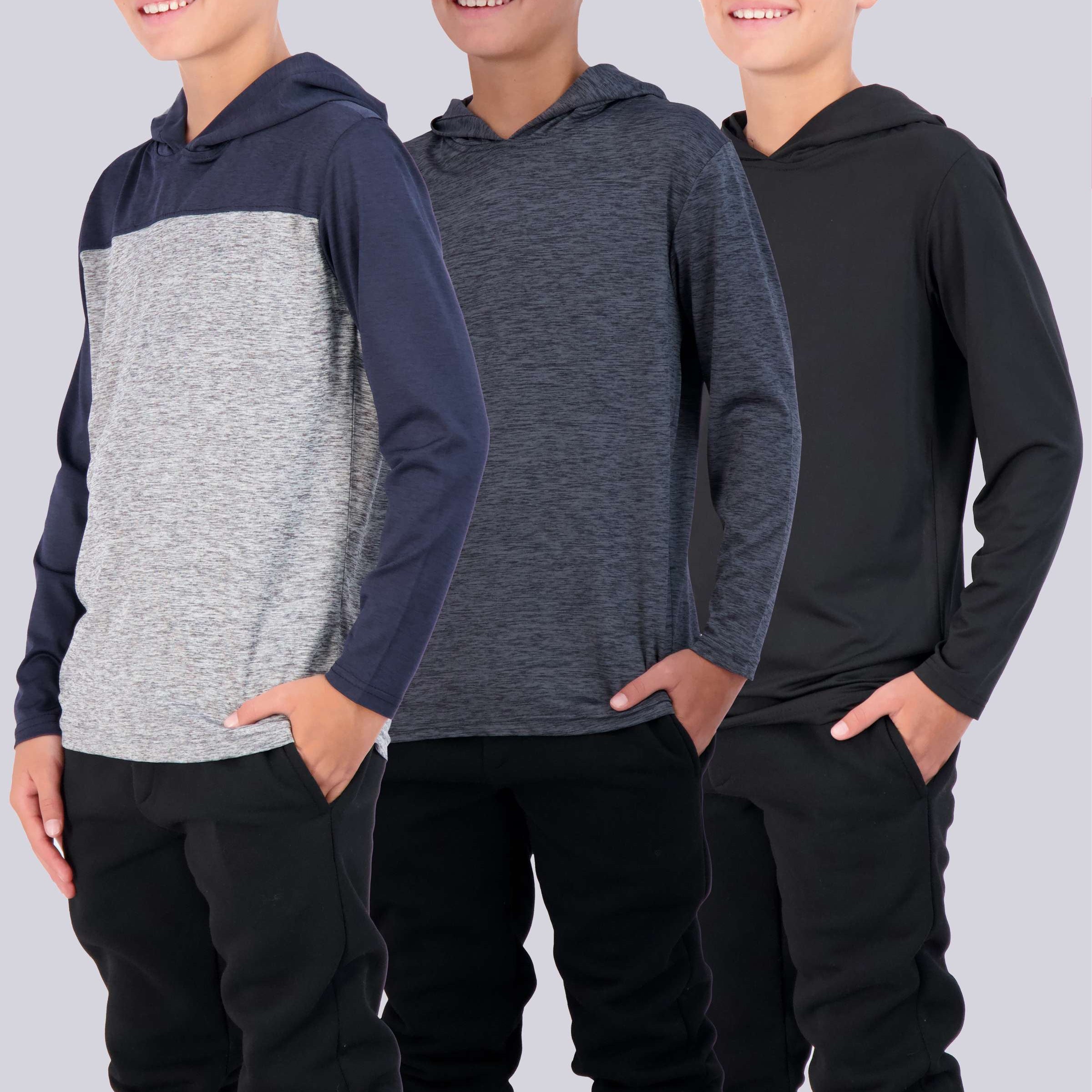 3 Pack: Boys Dry Fit Long Sleeve Active Pullover Hoodie Sweatshirt