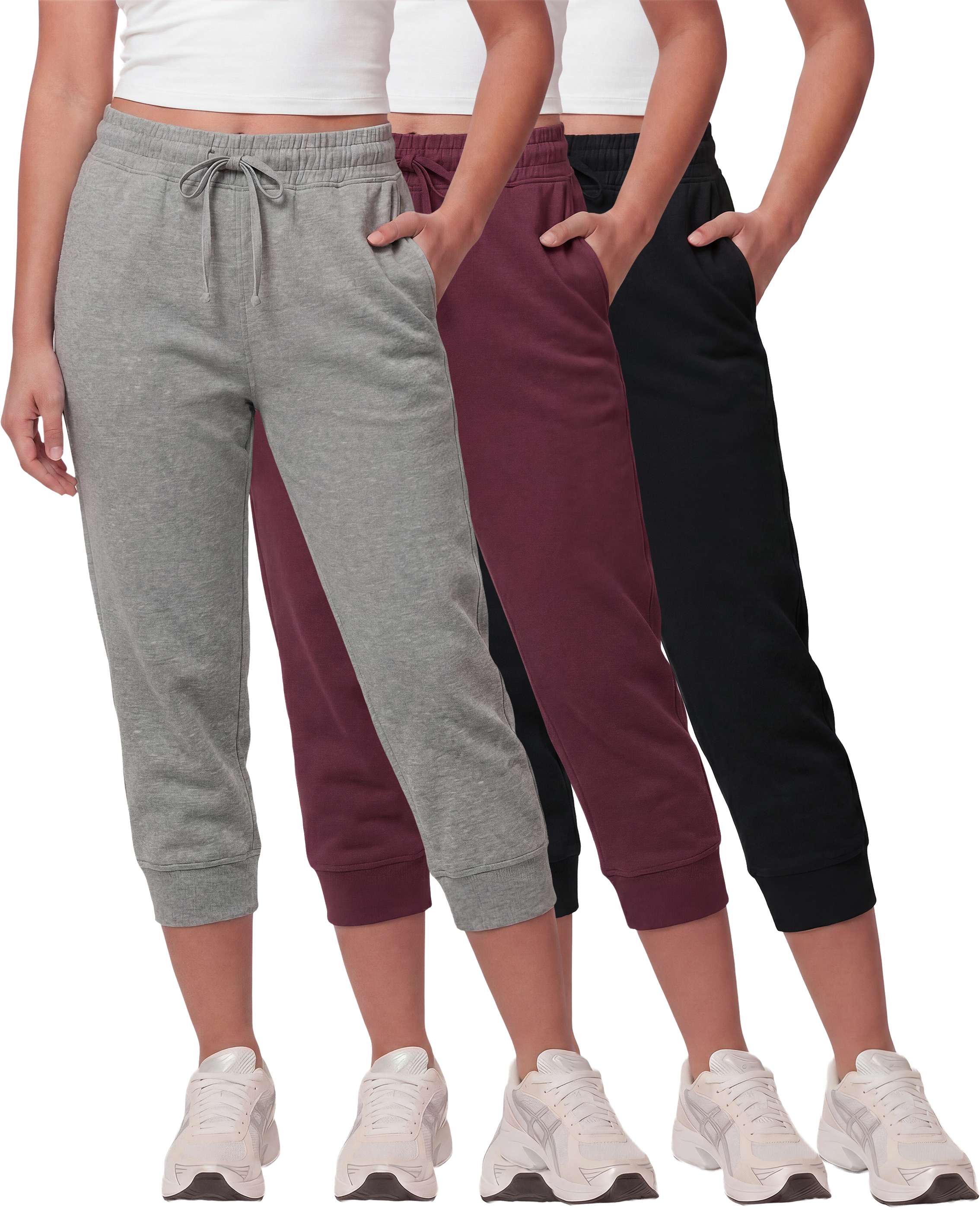 Real Essentials 3 Pack: Women’s Fleece Capri Joggers Athletic Lounge Gym Running Sweatpants with Pockets