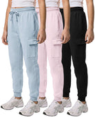 Real Essentials 3 Pack Girls Fleece Cargo Joggers Sweatpants Kids Pants Teen Girl Athletic - Solid Black, Solid Pale Lilac, Solid Ballad Blue