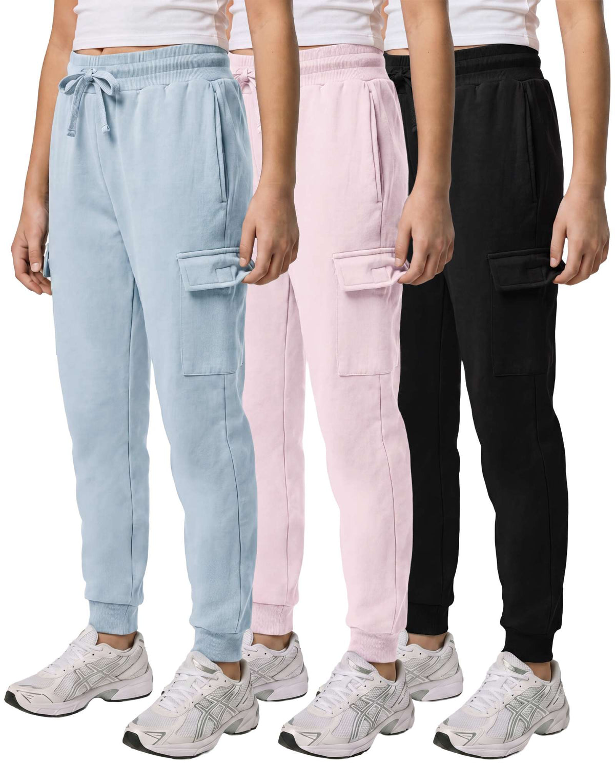 Real Essentials 3 Pack Girls Fleece Cargo Joggers Sweatpants Kids Pants Teen Girl Athletic - Solid Black, Solid Pale Lilac, Solid Ballad Blue