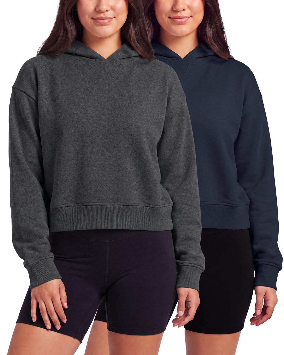 Real Essentials 2 Pack Women's Cropped Hoodies Crop Sweatshirt Ladies Fleece Pullover Top - Solid Navy Blazer, Charcoal Heather
