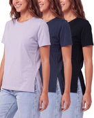 Real Essentials 3 Pack Women's Cotton Tshirts Split Hem Short Sleeve Crew Neck Tees Tops - Solid Black, Solid Navy Blazer, Solid Orchid Petal