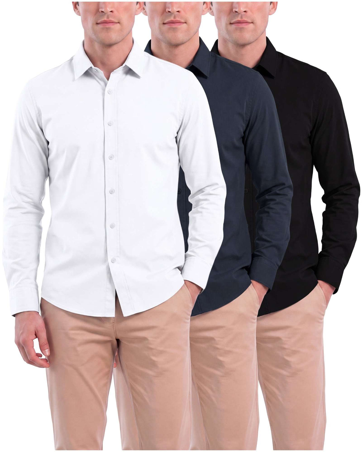 Real Essentials Men's Long Sleeve Cotton Button Down Shirts Casual Work Business Tops - Solid Black, Solid Navy Blazer, Solid Bright White