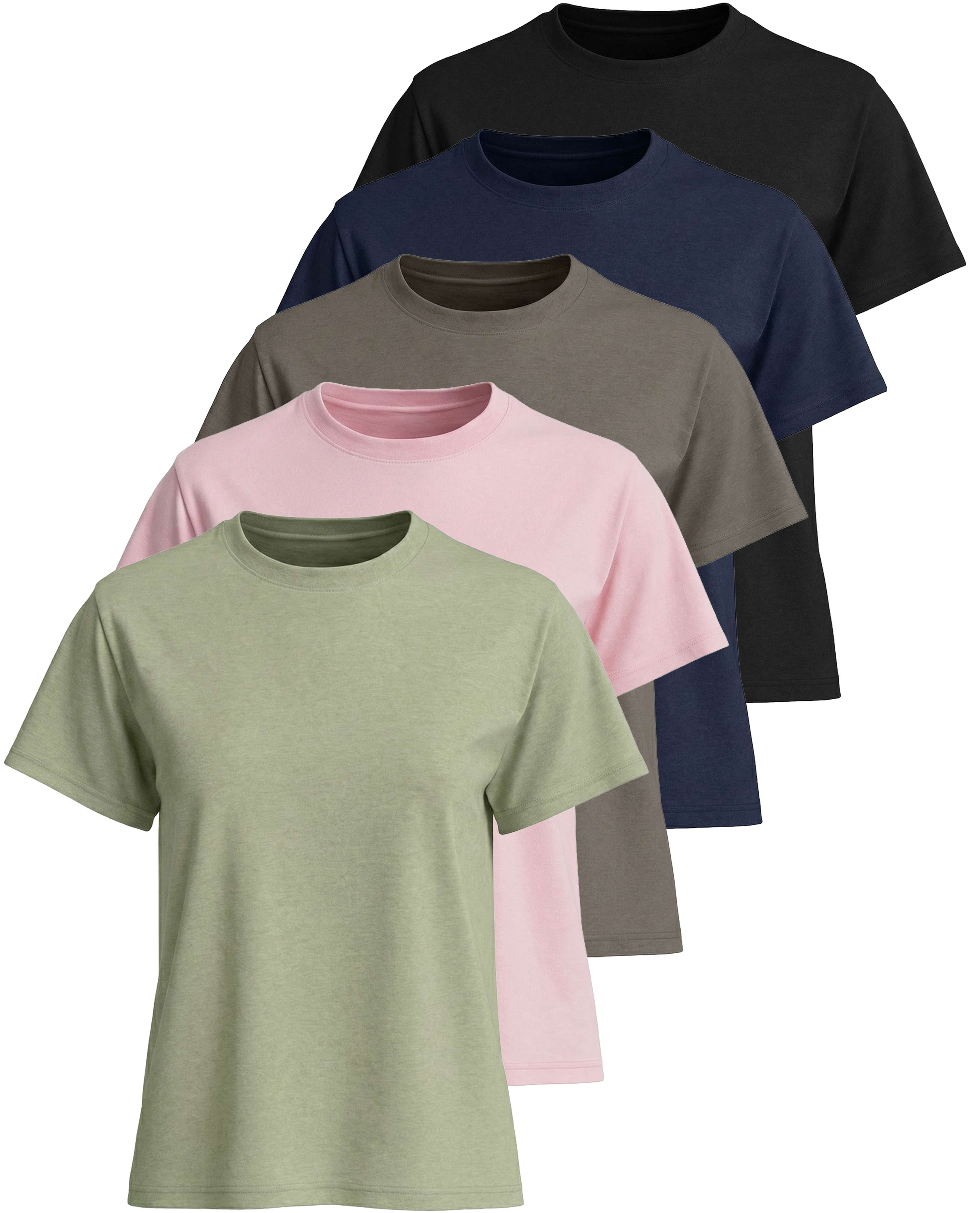 Real Essentials 5 Pack: Women’s 100% Cotton Relaxed Fit Short Sleeve T-Shirts Fashion Trendy Tees (Available in Plus Size)