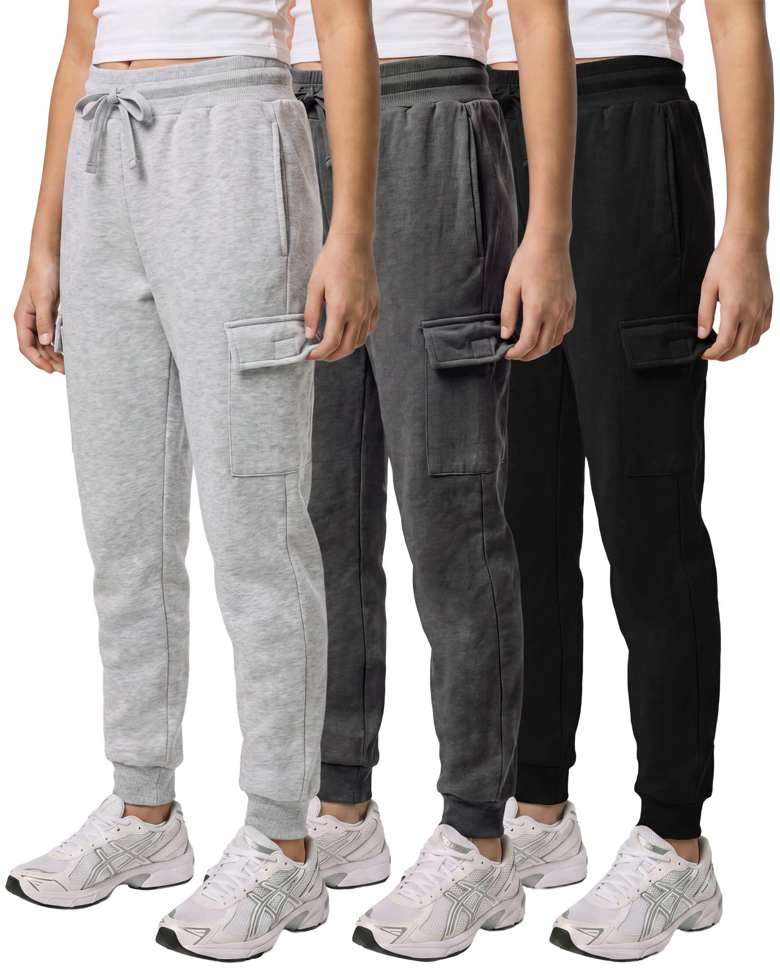 Real Essentials 3 Pack Girls Fleece Cargo Joggers Sweatpants Kids Pants Teen Girl Athletic - Solid Black, Charcoal Heather, Grey Heather