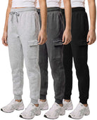 Real Essentials 3 Pack Girls Fleece Cargo Joggers Sweatpants Kids Pants Teen Girl Athletic - Solid Black, Charcoal Heather, Grey Heather