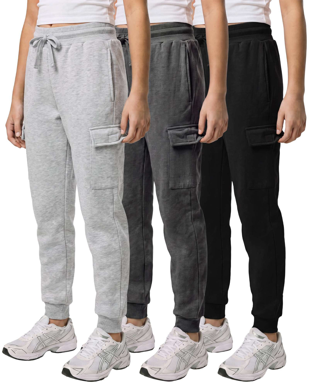 Real Essentials 3 Pack Girls Fleece Cargo Joggers Sweatpants Kids Pants Teen Girl Athletic - Solid Black, Charcoal Heather, Grey Heather