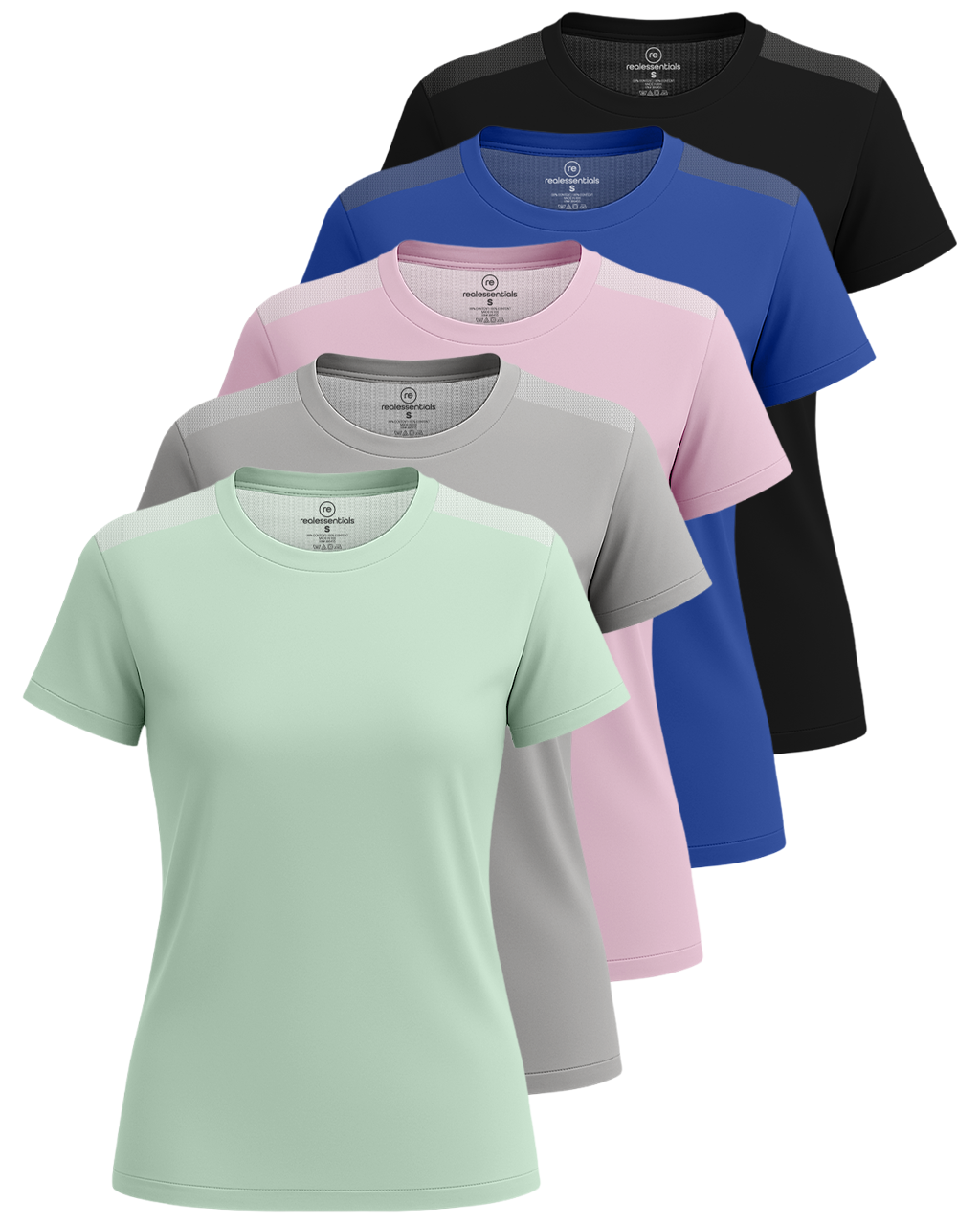 Real Essentials 5 Pack: Women's Short Sleeve Mesh Insert T-Shirts Athletic Tops Gym Workout Yoga Tennis Activewear (Plus)
