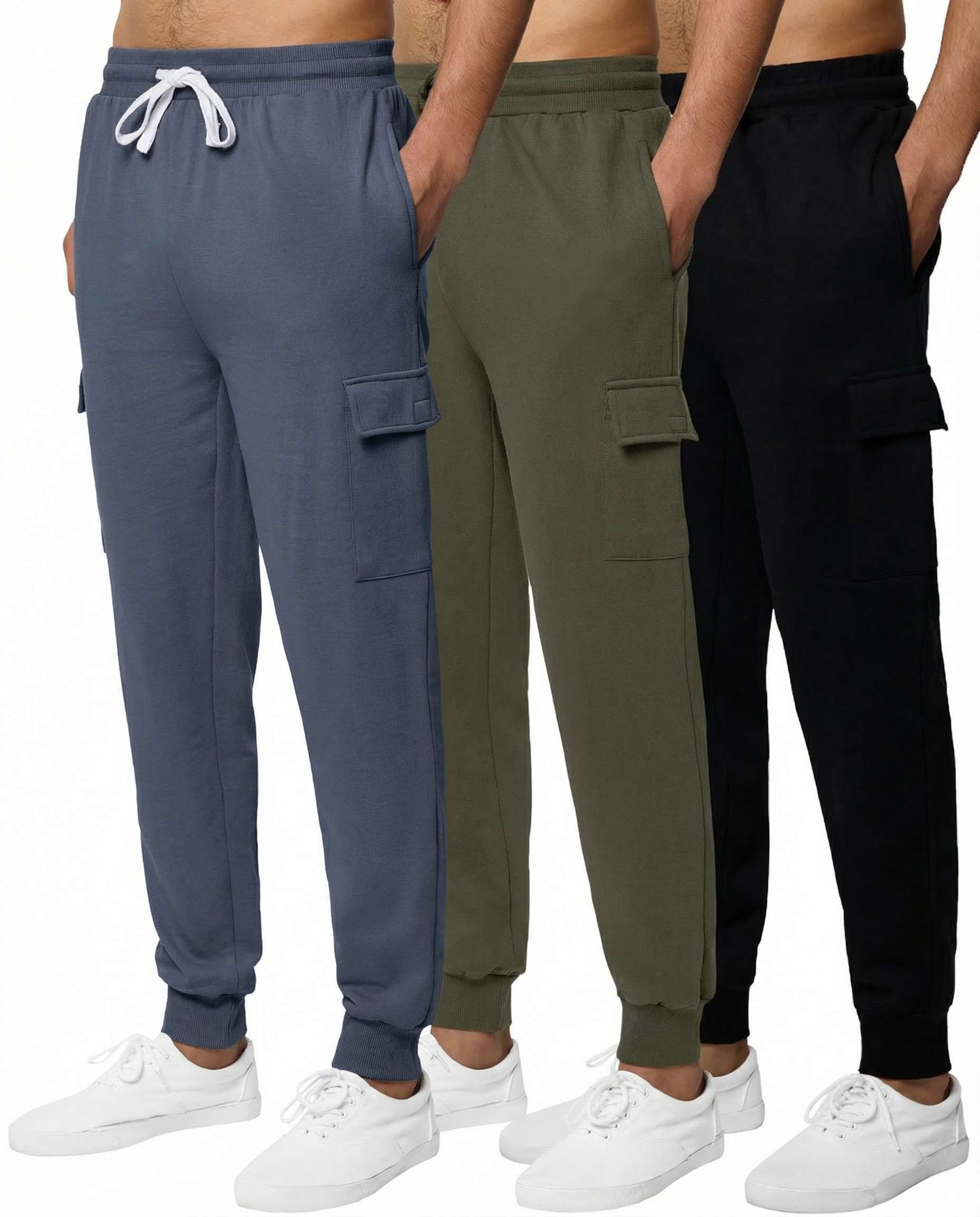 Real Essentials 3 Pack: Men's Cotton Fleece Cargo Jogger Sweatpants with Pockets