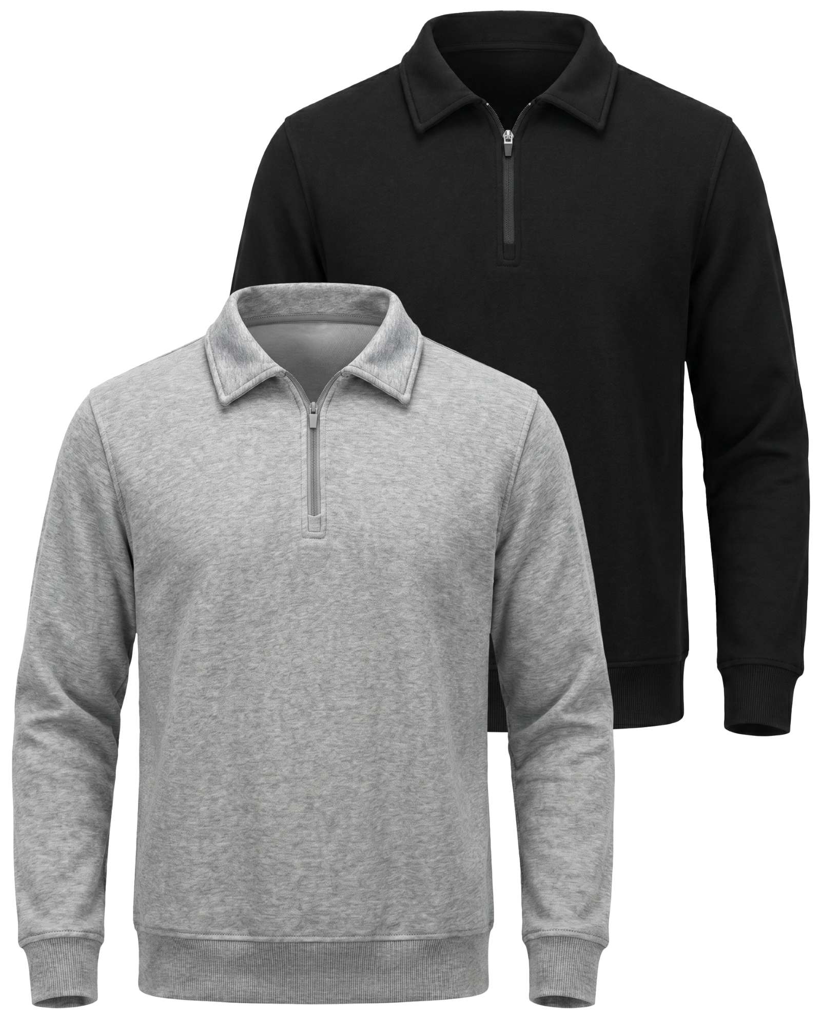 Real Essentials 2 Pack Mens Fleece Quarter Zip Sweatshirt Sweater Collared Long Sleeve Top - Solid Black, Grey Heather