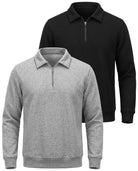Real Essentials 2 Pack Mens Fleece Quarter Zip Sweatshirt Sweater Collared Long Sleeve Top - Solid Black, Grey Heather