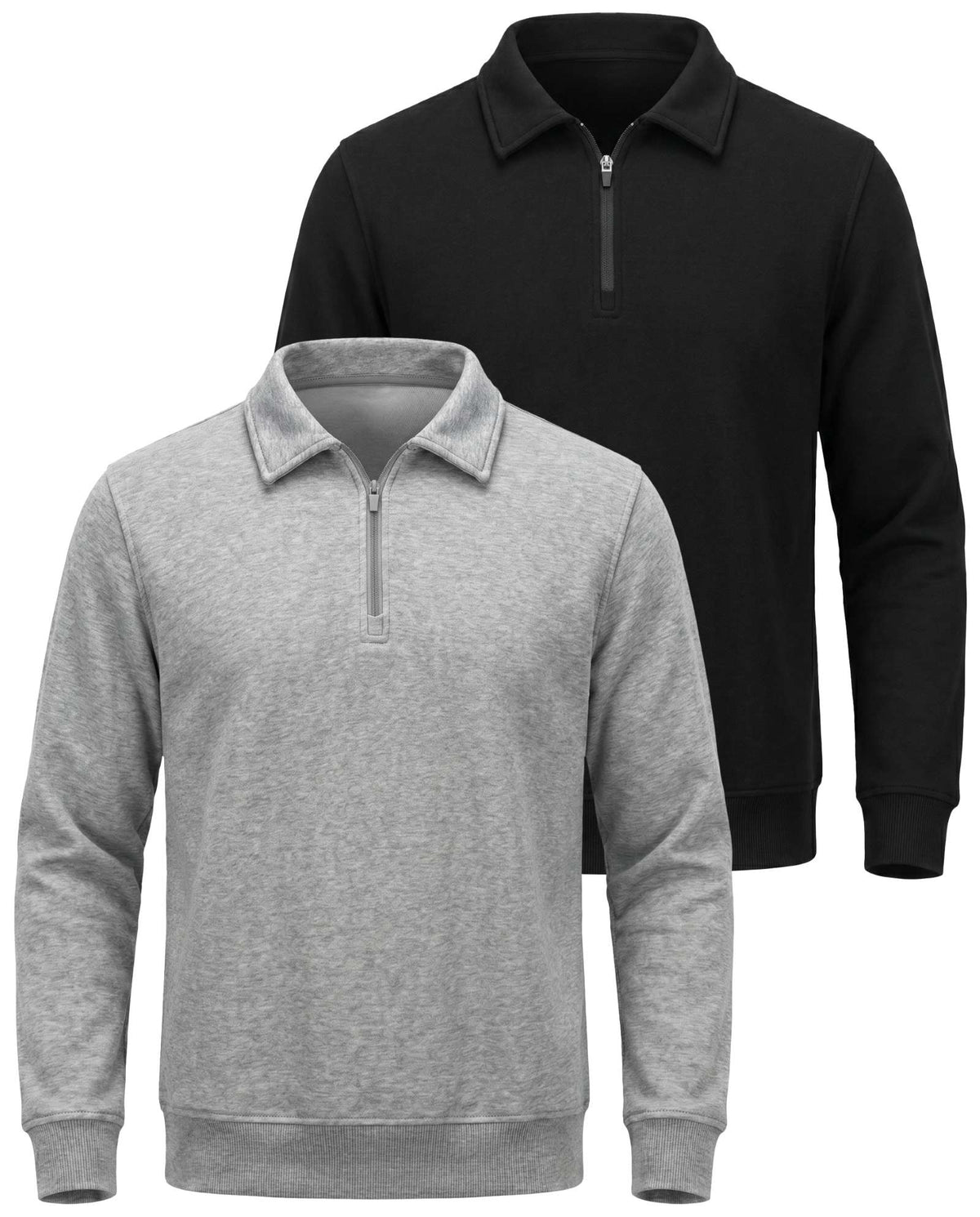 Real Essentials 2 Pack Mens Fleece Quarter Zip Sweatshirt Sweater Collared Long Sleeve Top - Solid Black, Grey Heather