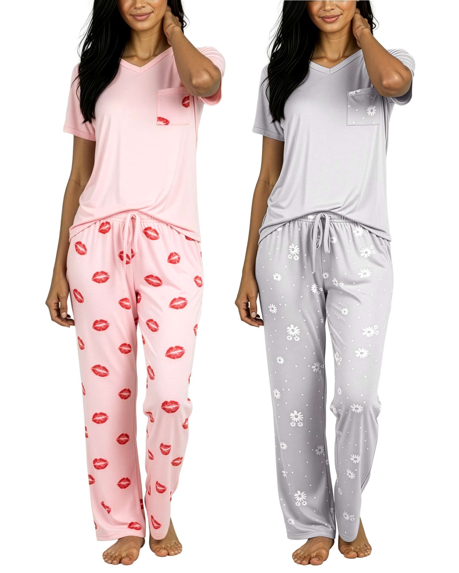 2 Pack: Womens Pajama Set Super-Soft Short Sleeve V-Neck Top with Pants (Available in Plus Size)