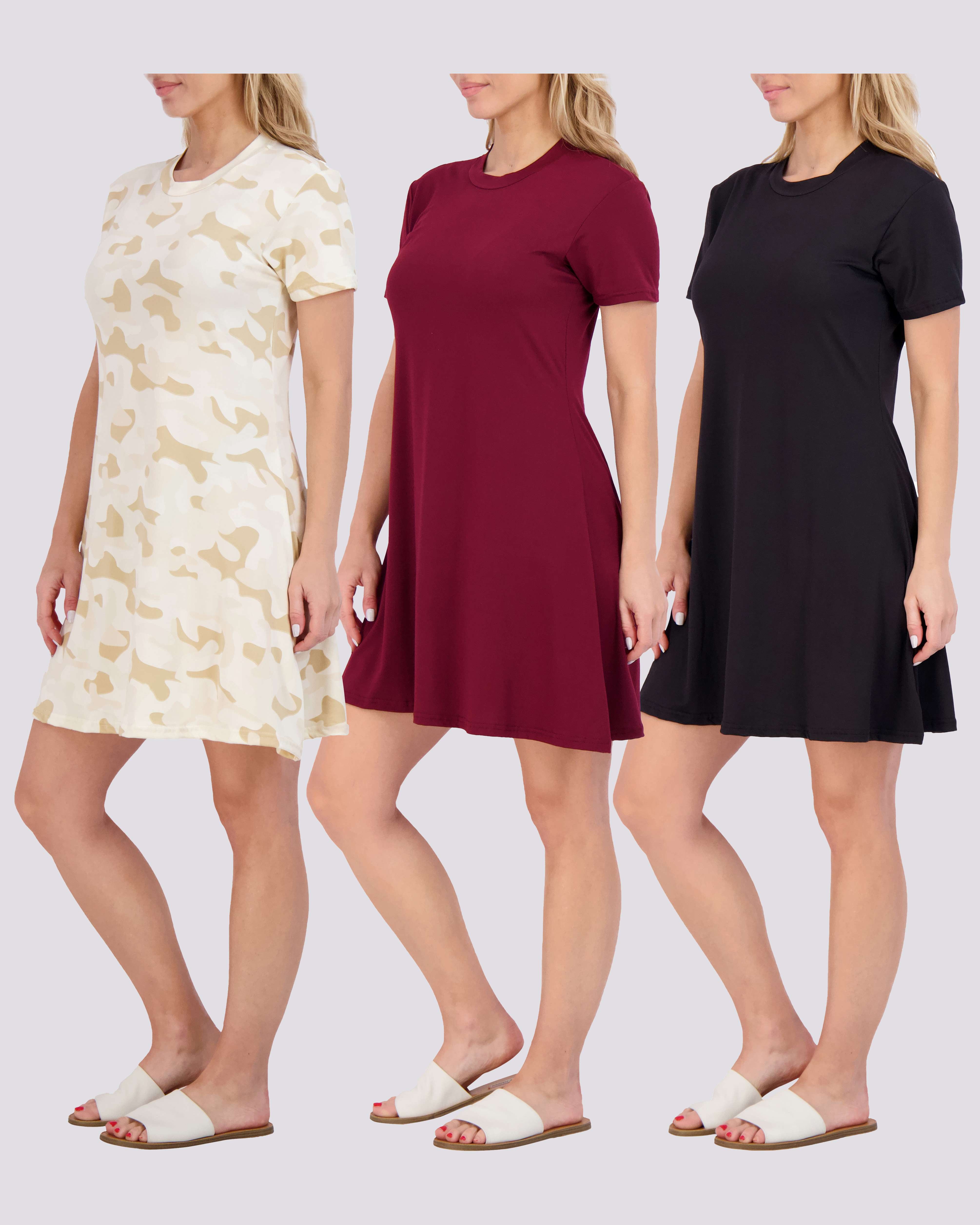 3 Pack: Women's Soft Lounge Swing Casual T-Shirt Dress (Available in Plus Size)