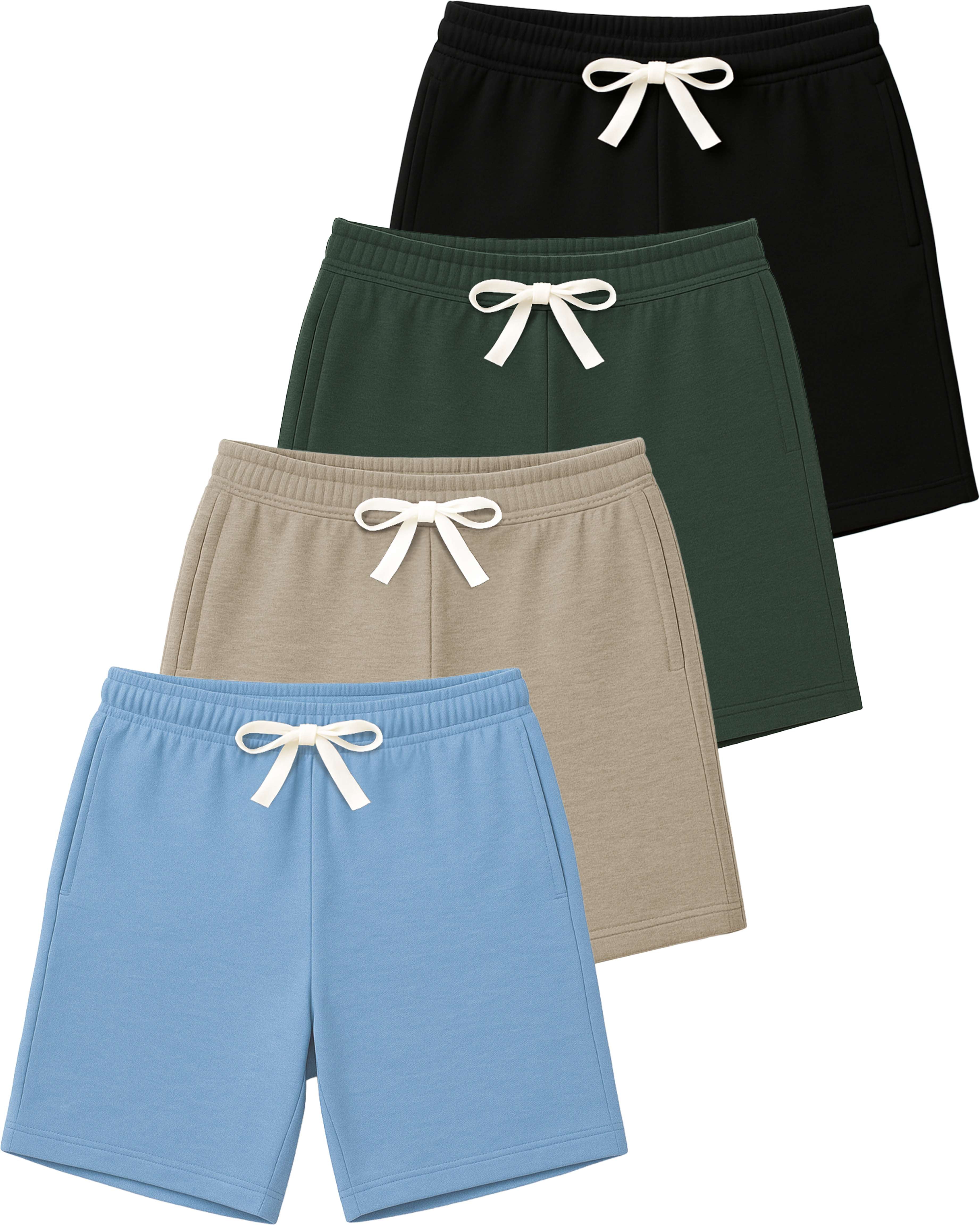 Real Essentials 4 Pack: Boys' Cotton French Terry Shorts with Pockets for Kids Teens Youth - Sleep Casual Lounge (4-18)