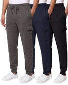 Real Essentials 3 Pack Mens Fleece Cargo Joggers Sweatpants Cuffed Athletic Gym Pockets - Solid Black, Solid Navy Blazer, Charcoal Heather
