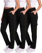 Real Essentials 3 Pack Women's Fleece Cargo Sweatpants Lounge Casual Sweat Pants Pockets - Solid Black, Solid Black, Solid Black