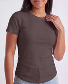 Real Essentials 3 Pack Women's Cotton Ribbed Tshirts Short Sleeve Crew Neck Tees Basic Tops - Solid Black, Solid Chocolate Torte, Solid Moonbeam