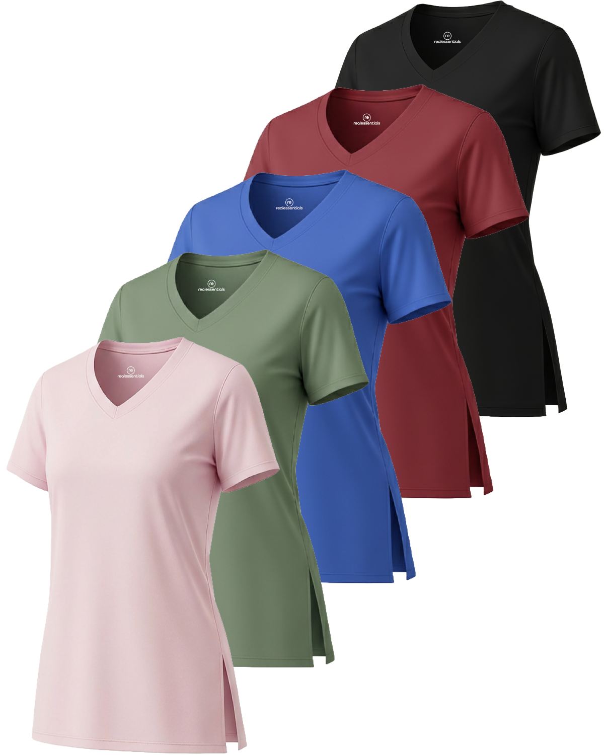 Real Essentials 5 Pack: Women's Short Sleeve Split Hem V-Neck T-Shirts, Athletic Tops, Gym, Workout, Yoga, Activewear (Plus)